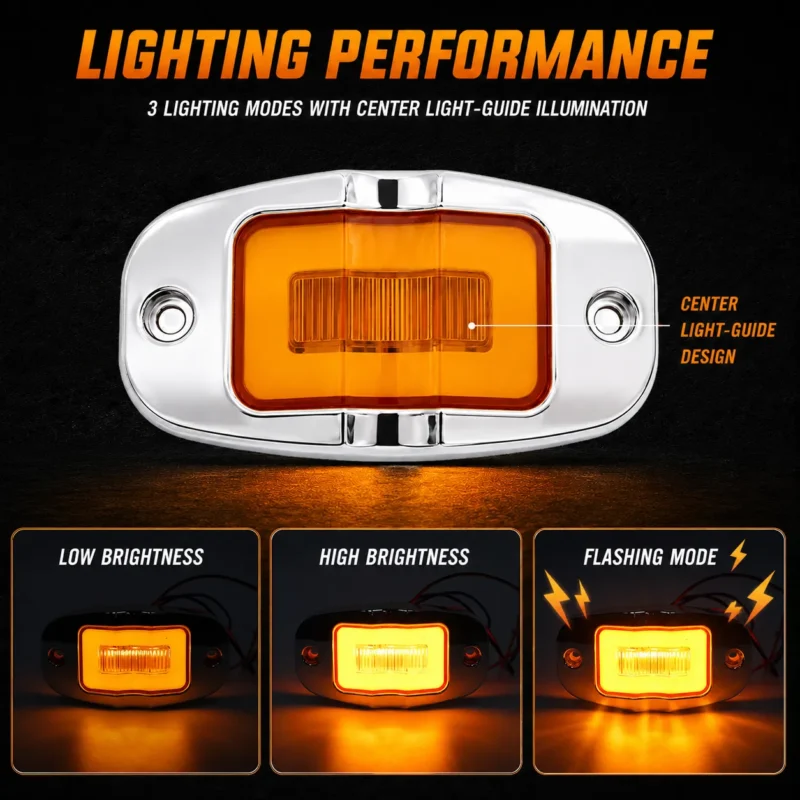 YFD Lighting 4 inch amber LED marker light with low brightness, high brightness and flashing modes for trucks, trailers and commercial vehicles