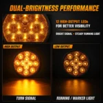 YFD Lighting 4-inch amber round LED tail light showing high-output turn signal and low-output running marker light modes