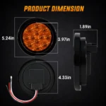 YFD Lighting 4-inch amber round LED tail light dimensions with front, rear and side measurements