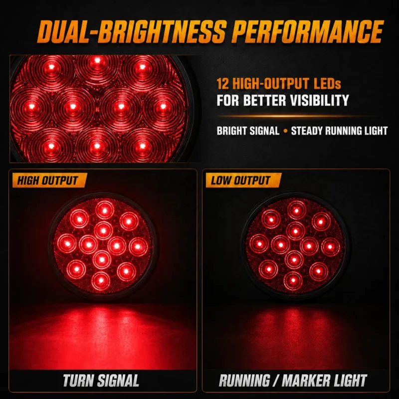 YFD Lighting 4-inch red round LED tail light showing high-output turn signal and low-output running marker light modes