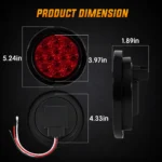 YFD Lighting 4-inch red round LED tail light dimensions with front, rear and side measurements