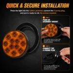 YFD Lighting amber round LED tail light installation using a push-in rubber grommet and 3-prong plug connection