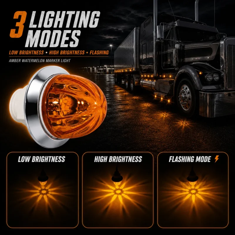 YFD Lighting amber watermelon marker lights installed and illuminated on a semi truck at night