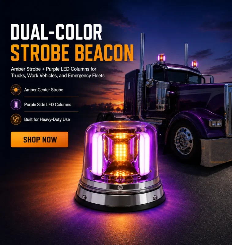 YFD Lighting dual-color strobe beacon with amber center strobe and purple LED columns for trucks, work vehicles, and emergency fleets