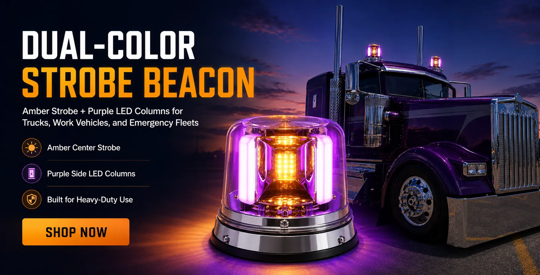 YFD Lighting dual-color strobe beacon with amber center strobe and purple LED columns displayed beside a semi truck