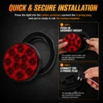YFD Lighting red round LED tail light installation using a push-in rubber grommet and 3-prong plug connection