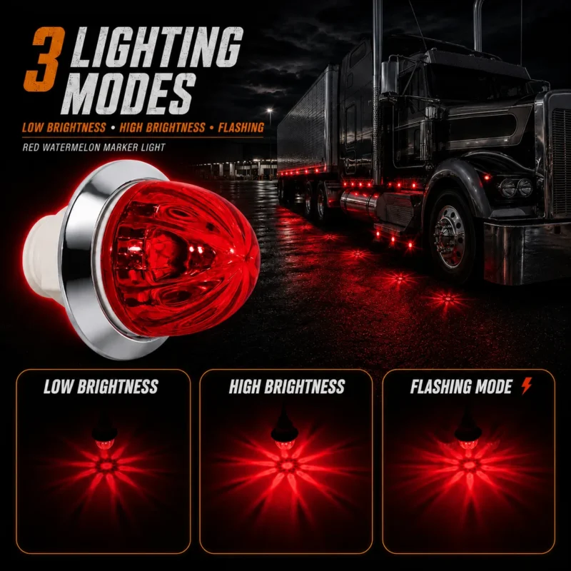 YFD Lighting red watermelon marker lights installed and illuminated on a semi truck at night