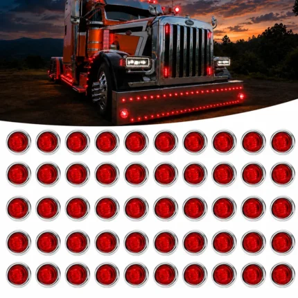 50-pack red 3/4 inch 3 LED chrome marker lights for semi trucks, trailers, RVs, and heavy-duty vehicles