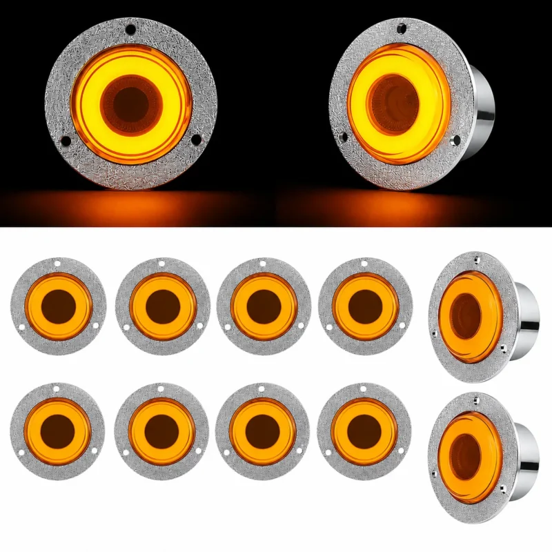 10 pack round amber LED marker lights with black mounting bases for trucks, trailers, pickups and RVs