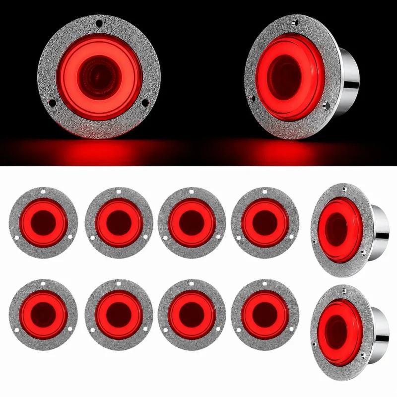 10 pack round red LED marker lights with black mounting bases for trucks, trailers, pickup trucks and RVs