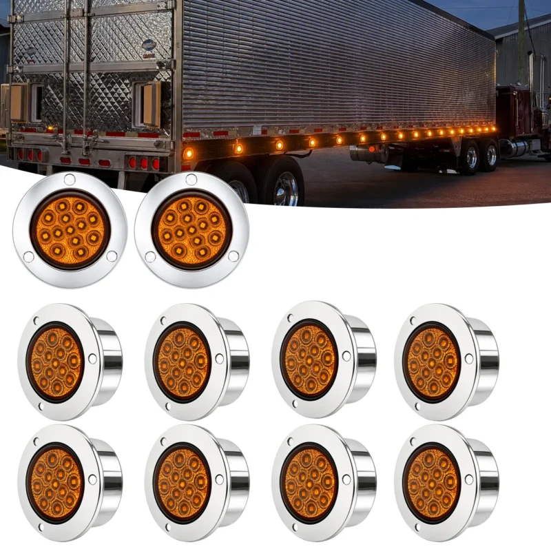 10-piece set of amber round LED marker lights with chrome bezels displayed below a semi-truck trailer installation scene