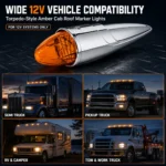 12V amber torpedo cab roof marker lights for semi trucks, pickup trucks, RVs, campers, tow trucks, and work trucks