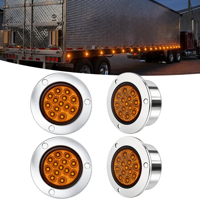 Four amber round LED marker lights with chrome bezels for trucks, trailers, RVs, and other 12–24V vehicles