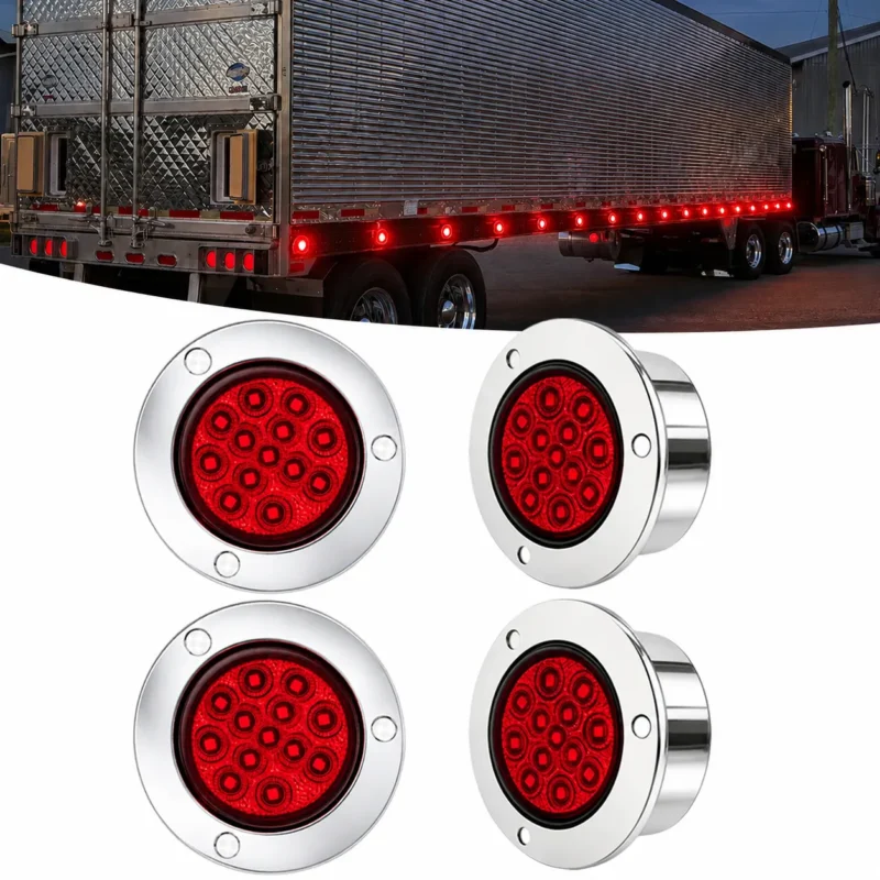 Four red round LED marker lights with chrome bezels for trucks, trailers, RVs, and other 12–24V vehicles