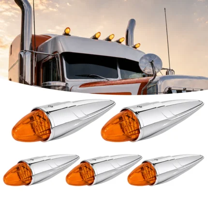 5-pack 12V amber torpedo-style cab roof marker lights with chrome housings on a white background