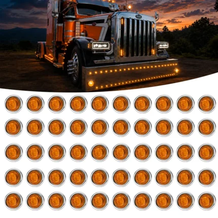 50-pack 3/4-inch 3 LED chrome marker lights with amber lens for trucks, trailers, RVs, and utility vehicles