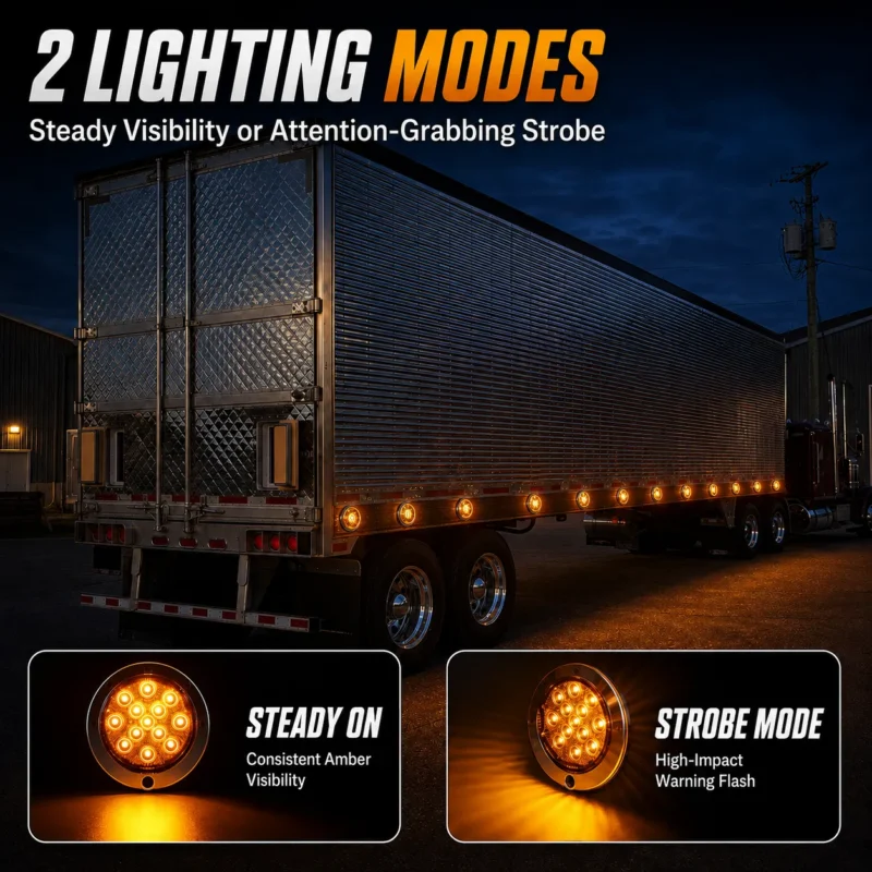 Amber 13-LED round marker light showing steady-on and flashing lighting modes with bright amber illumination