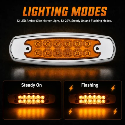 Amber 6 inch 12 LED truck marker lights showing steady on and flashing lighting functions for trailers and commercial vehicles