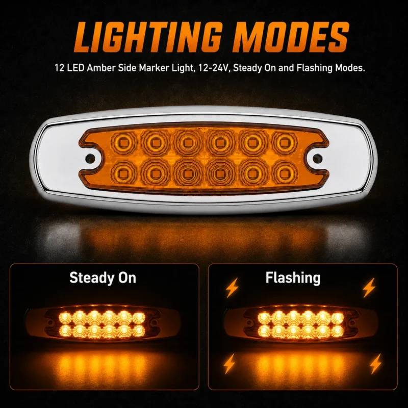 Amber 6 inch 12 LED truck marker lights showing steady on and flashing lighting functions for trailers and commercial vehicles
