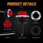 Red 3/4 inch LED marker light complete assembly with chrome bezel, rubber grommet, side view, lens detail, and 2-wire lead