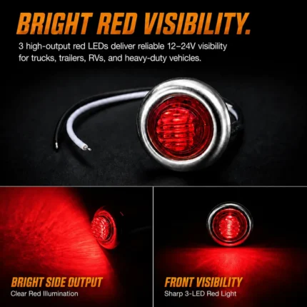 Red 3/4 inch 3 LED chrome marker light showing bright front and side visibility for trucks, trailers, and RVs