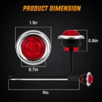 Red 3/4 inch chrome LED marker light dimension chart with 1.1 inch diameter, 0.8 inch height, and 9 inch wire lead