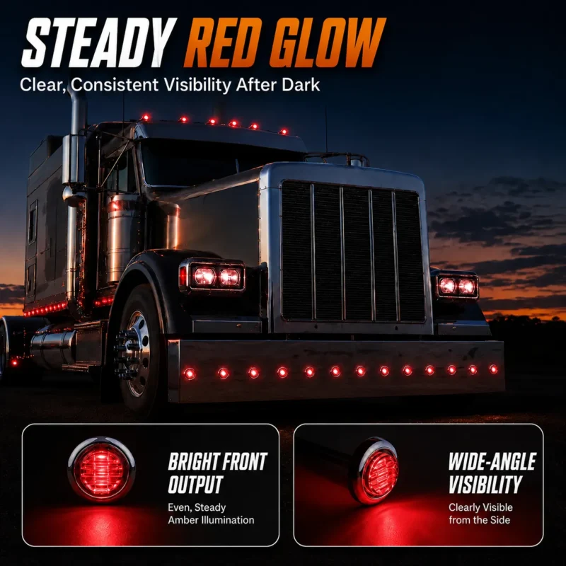 Red 3/4 inch chrome LED marker lights installed on a semi truck for steady night visibility and vehicle lighting upgrades