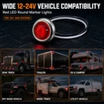 Red 12-24V 3/4 inch LED round marker lights for semi trucks, trailers, RVs, campers, off-road vehicles, work trucks, and utility vehicles
