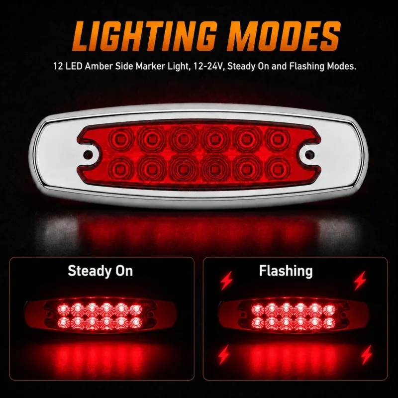 Red 6 inch 12 LED truck marker lights showing steady on and flashing lighting functions for trailers and commercial vehicles