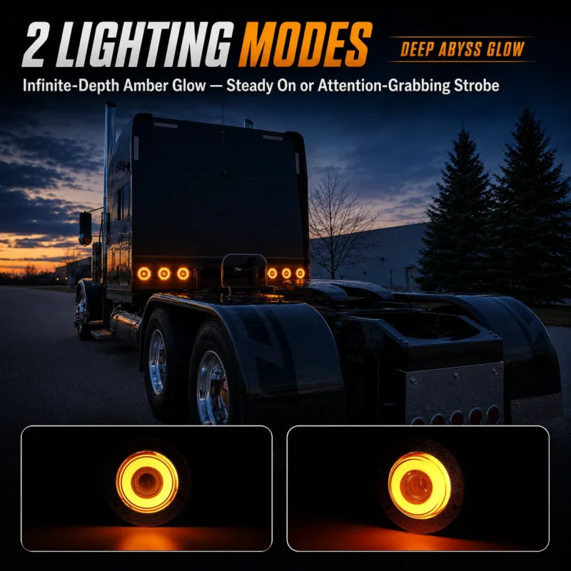 Round amber LED marker lights installed and illuminated on a semi truck at night