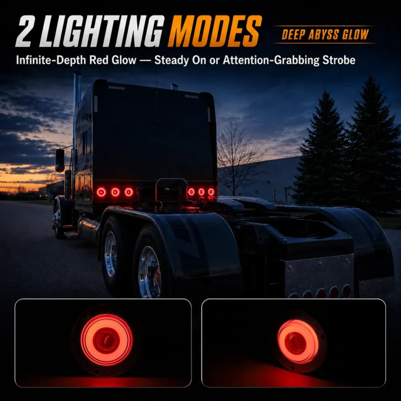 Round red LED marker lights installed and illuminated on a semi truck at night