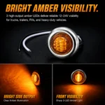 Amber lighting effect of 3/4-inch 3 LED chrome marker light for truck and trailer side marker applications
