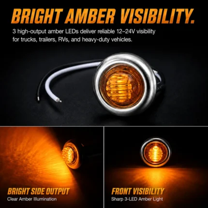Amber lighting effect of 3/4-inch 3 LED chrome marker light for truck and trailer side marker applications