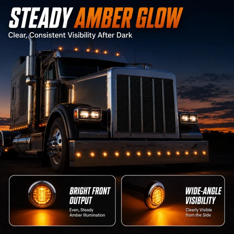3/4-inch 3 LED chrome marker light installed and illuminated on a truck for exterior marker lighting