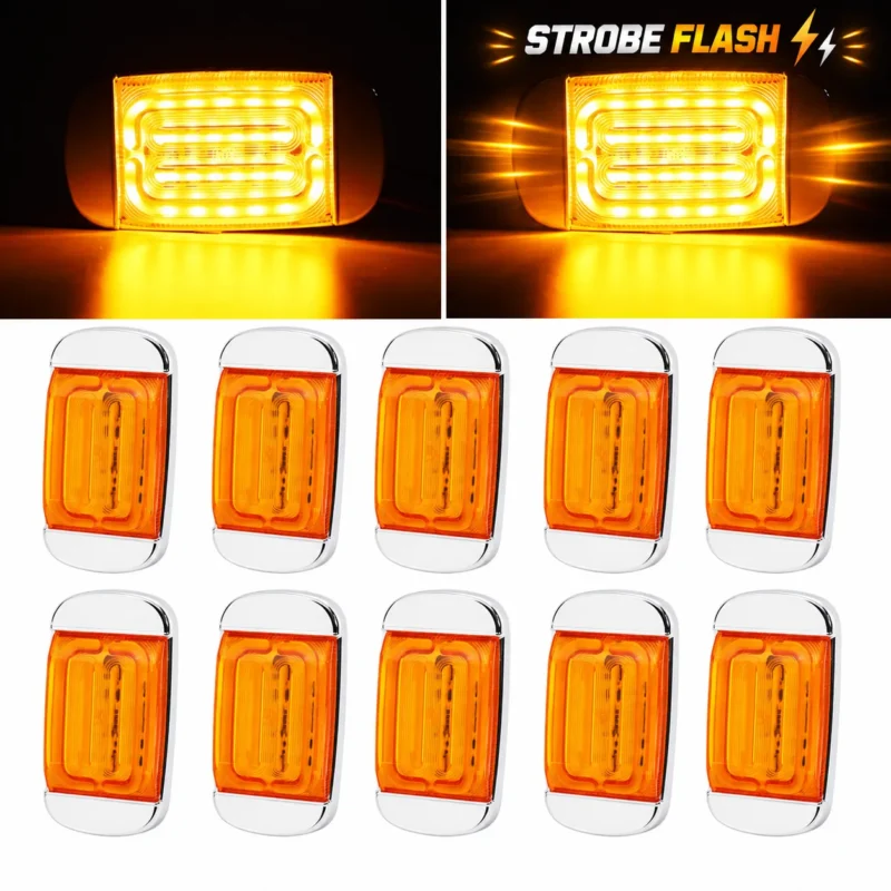 YFD Lighting 10-pack amber rectangular LED marker lights with chrome bezel and steady-on strobe flash modes for trucks and trailers