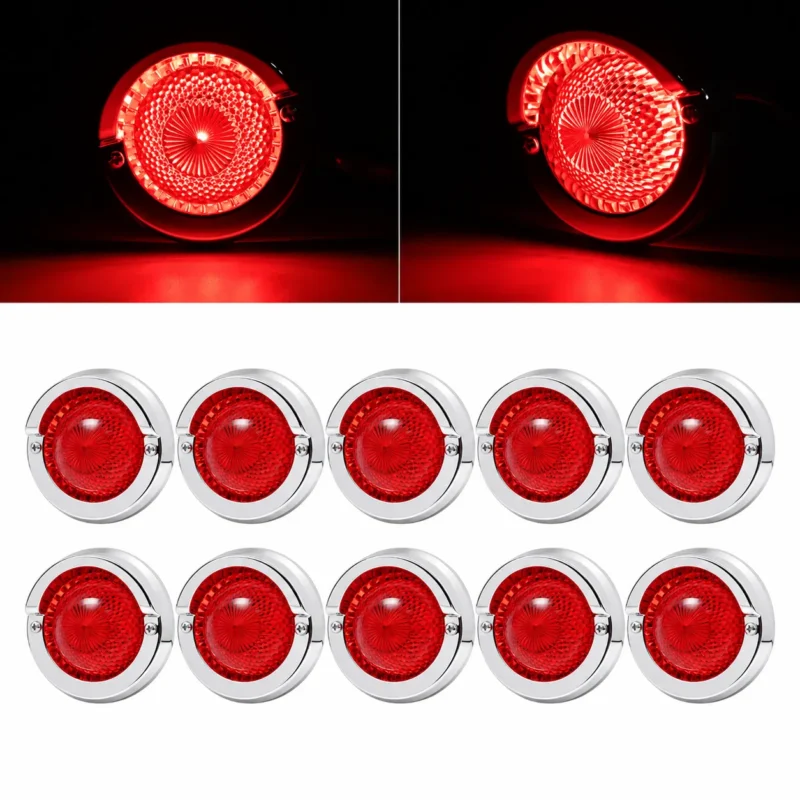 YFD Lighting 10-pack round red LED marker lights with chrome bezels and bright red illumination for trucks and trailers.