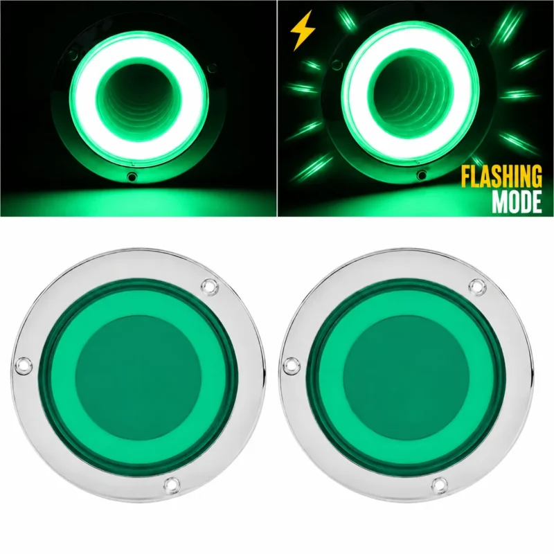 YFD Lighting 2-pack 4-inch green deep tunnel LED tail lights with chrome bezels and flashing mode for trucks and trailers