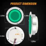 YFD Lighting 4-inch green round LED tail light dimension guide with chrome bezel, rear housing and mounting measurements