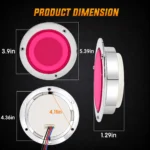 YFD Lighting 4-inch pink round LED tail light dimension guide with chrome bezel, rear housing and mounting measurements