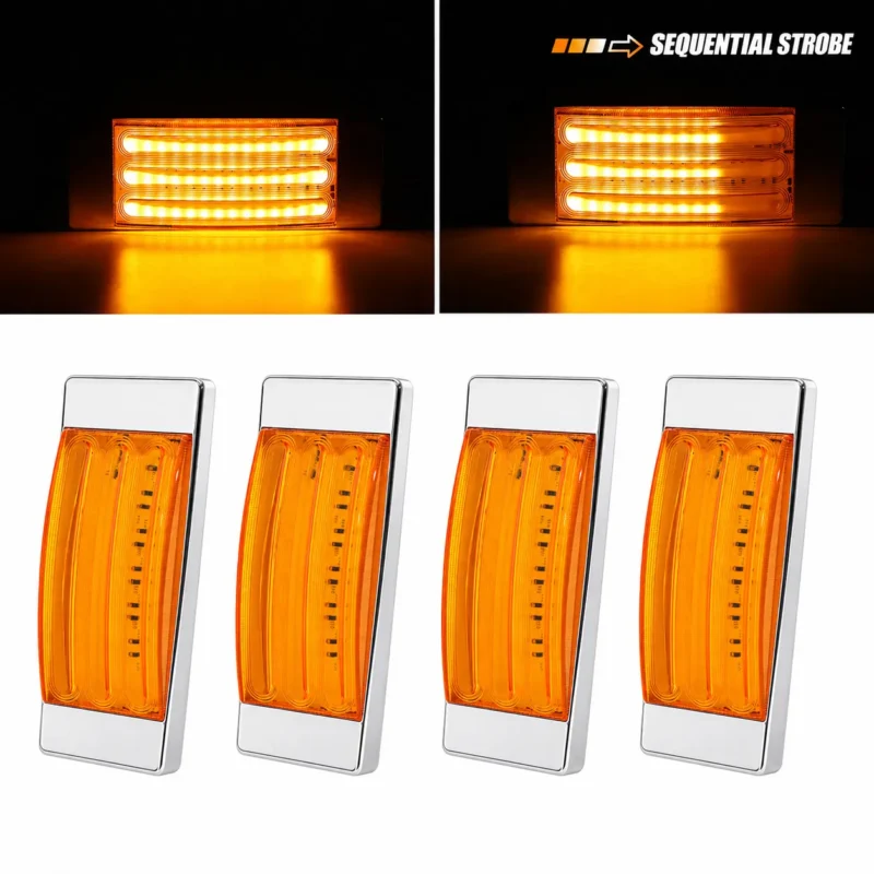 YFD Lighting 4-pack amber rectangular LED marker lights with chrome bezels for trucks trailers RVs and commercial vehicles