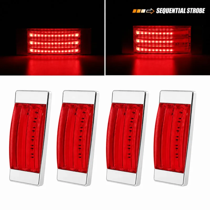 YFD Lighting 4-pack red rectangular LED marker lights with chrome trim for trucks trailers RVs and commercial vehicles