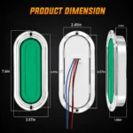 YFD Lighting 6-inch green oval LED tail light dimensions with chrome bezel four-wire connection and side profile