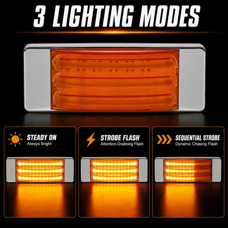 YFD Lighting amber LED marker light showing steady on strobe flash and sequential strobe lighting modes