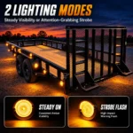 YFD Lighting amber LED marker lights installed on a utility trailer with steady-on and strobe flash lighting modes.