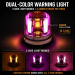 YFD Lighting amber and pink dual-color warning beacon with 3 selectable side light modes and 4 amber center strobe patterns