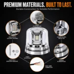 YFD Lighting dual-color LED warning beacon with clear protective lens, chrome-plated reflector, aluminum base, rubber sealing base, and mounting hardware