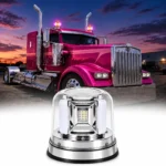 YFD Lighting amber and pink LED warning beacon lights mounted on a semi truck roof for enhanced visibility and custom truck lighting