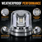 YFD Lighting amber and pink LED warning beacon with sealed clear lens, sealed internal structure, rubber sealing base, and durable aluminum housing for wet road conditions