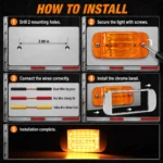 YFD Lighting amber rectangular LED marker light installation guide with 2.98-inch mounting spacing, three-wire connection and chrome bezel