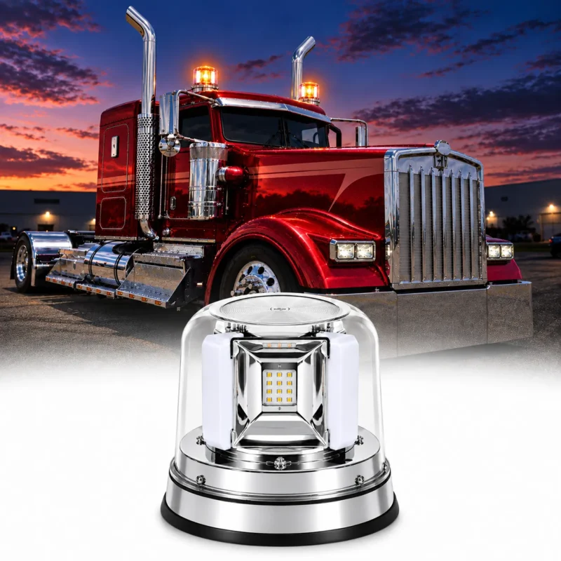YFD Lighting amber red dual-color LED beacon warning lights installed on the roof of a semi truck for enhanced vehicle visibility.